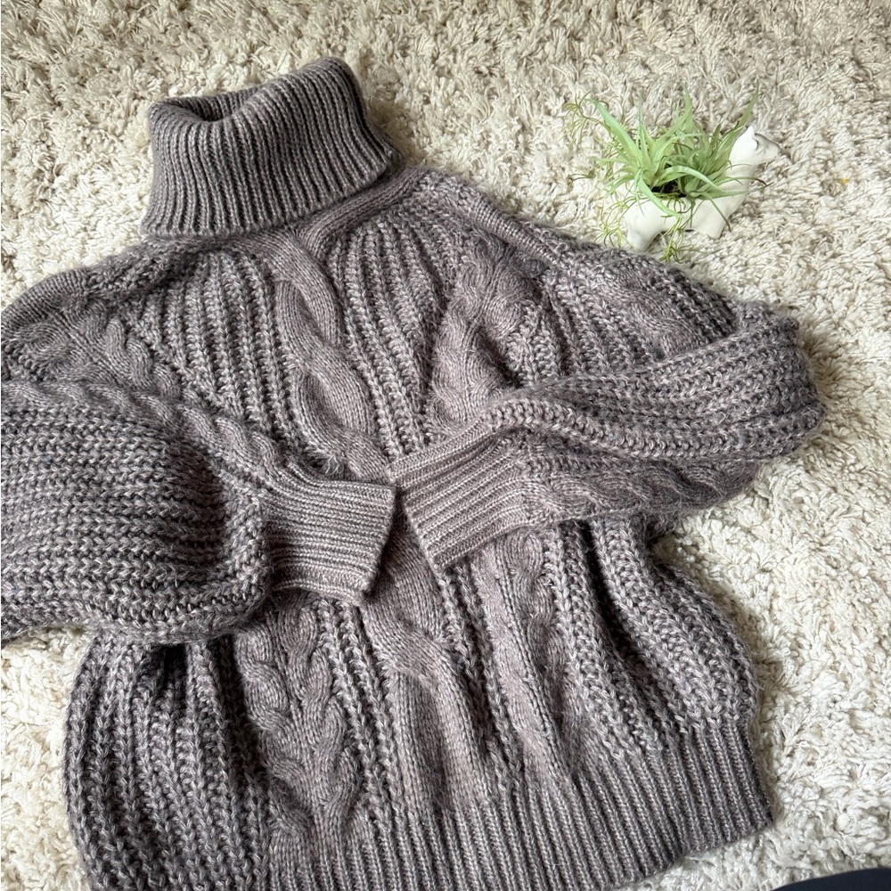 Fate Heather Gray chunky sweater weather Winter Cable Knit Turtleneck Sweater - Picture 2 of 4